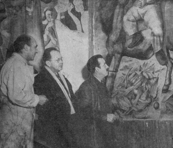 Grant Wood (in the middle) and Thomas Hart Benton visit the campus to examine the evolving murals. Luis Quintanilla on the left (foto: From the Kansas City Star, January 6, 1941) quintanilla_kansas10kl.jpg