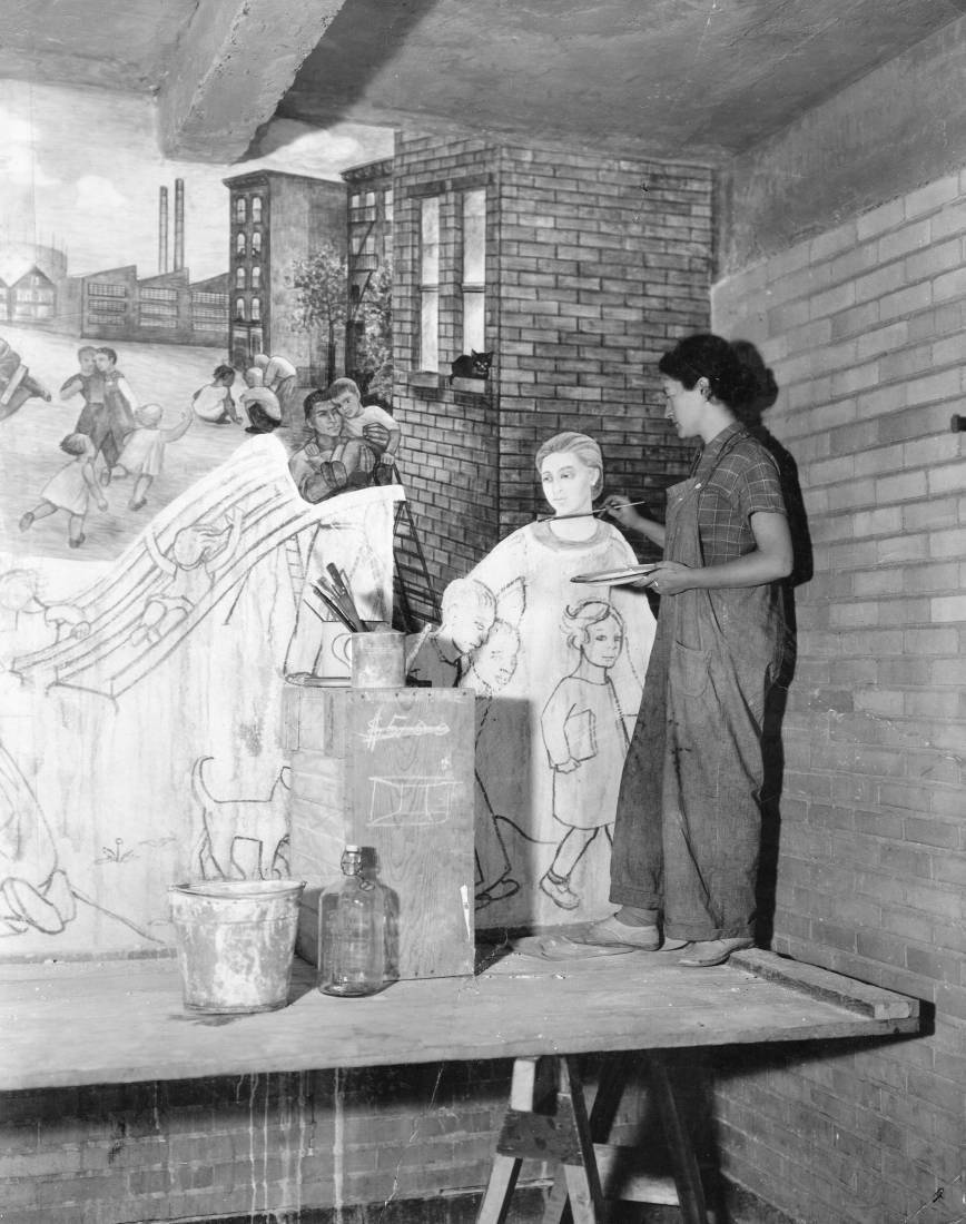 Lucienne Bloch painting in the Women's House of Detention, 1936 ill. Lucienne Bloch, 1936, New York
